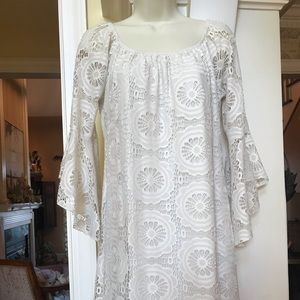2 B Together cream see through lace fabric fully lined dress with bell sleeves